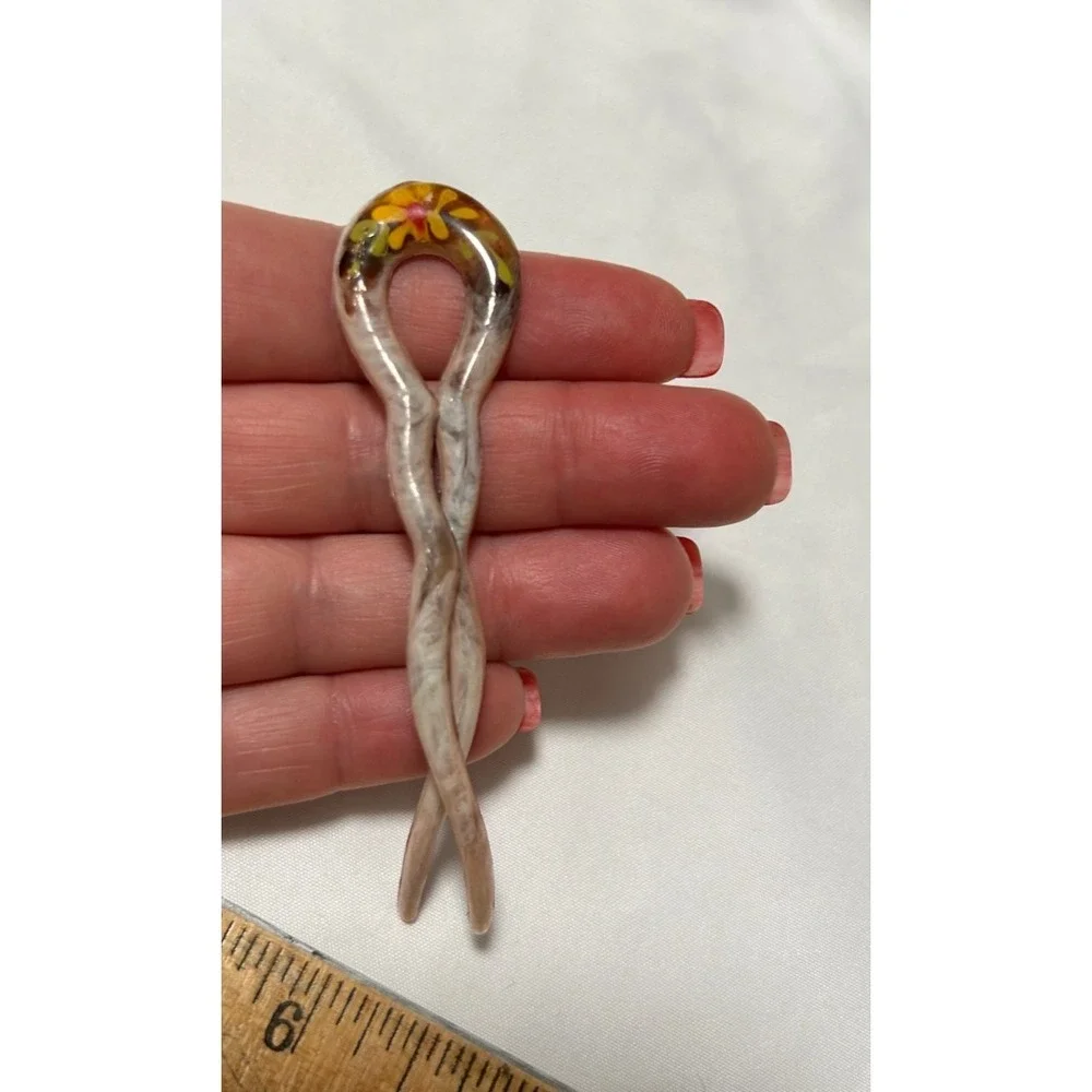 Vintage Mid-Century French Hair Pin Hand-Painted Floral Celluloid Lucite U-Pin
